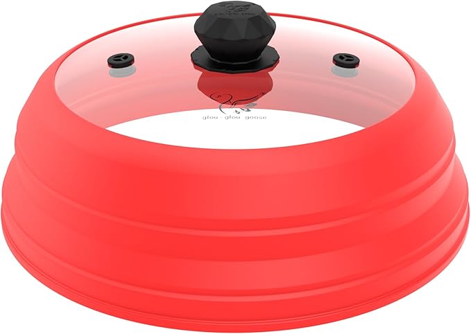 Microwave Splatter Cover Vented Glass Splatter Guard Lid with Collapsible Silicone for Food as Pot Cover Plate 10.8 inch for 6 7 8 9 10 inch Plate Bowl Red