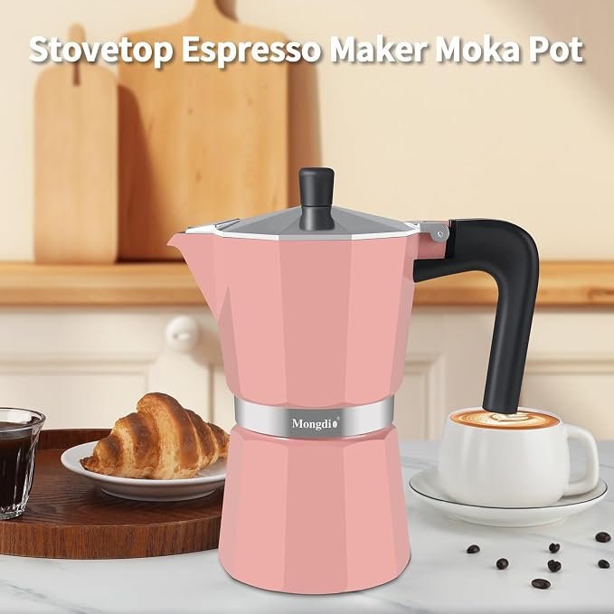 Mongdio Stovetop Espresso Maker Moka Pot, Stove Top Cuban Coffee Maker, Italian Greca Mocha Pot, 9 Espresso Cups, 15 oz - Pink