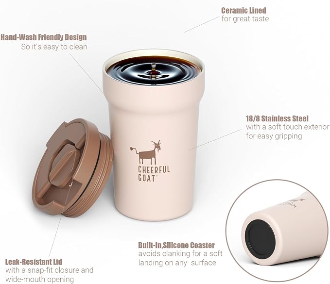 CHEERFUL GOAT Ceramic Lined Coffee Mug – Stainless Steel Travel insulated Tumbler with Ceramic Liner, with lid 12oz Leak Proof Cup for Hot and Cold Water Coffee at Home, Office, or In the Car (Coffee)