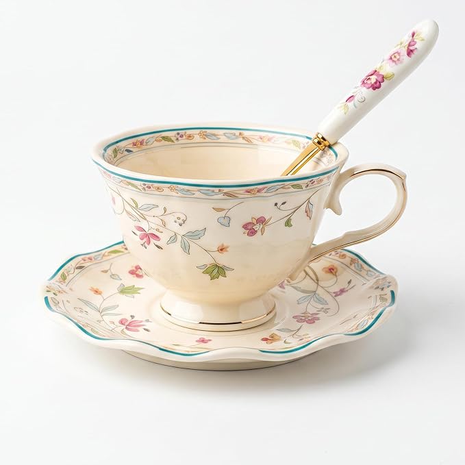 Noviko 6 oz Floral Tea Cups and Saucers Flower Ceramic cup for Women and Tea Parties