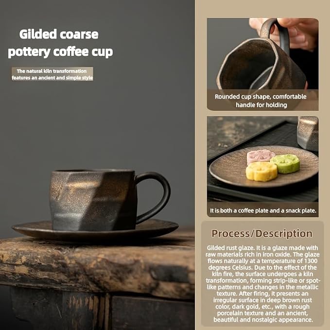 Japanese Style Handmade Ceramic Coffee Mug Set with ceramic Saucer & Stainless steel stirring spoon - 7.4 fl oz Retro Pottery Tea Cup for Espresso, Office, Home -Eco-Friendly & Heat Insulated Cups