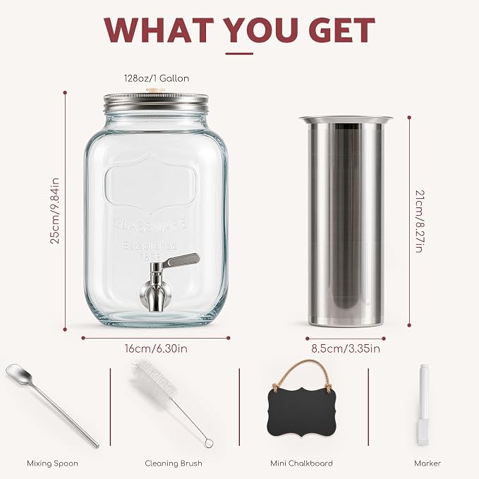 JunVpic Cold Brew Coffee Maker – 128oz / 1 Gallon Wide Mouth, Leakproof Heavy-Duty Glass Pitcher with Filter & Spigot for Iced Coffee, Lemonade, Ice Tea & Fruit Drinks