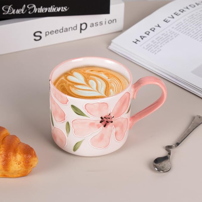 KAMMAK Pink Ceramic Coffee Mug, 13.5oz Mugs Set of 2, Novelty Cup for Tea, Juice, Milk, Cute Porcelain Water Cups with Handle for Women, Dishwasher and Microwave Safe