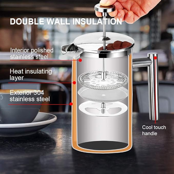 Secura French Press Coffee Maker, 304 Grade Stainless Steel Insulated Coffee Press with 2 Extra Screens, 17oz (0.5 Litre), Silver