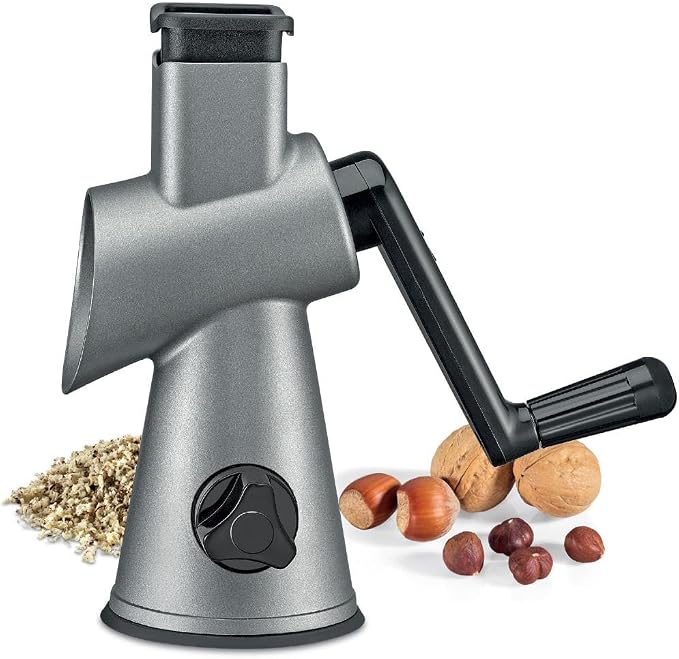 Courant cheese grater hand crank manual, cheese shredder, High Grade steel housing-Vegetable Slicer salad shooter & vegetable shredder Rotary Grater Slicer for, Nuts, with 3 Interchangeable Blades