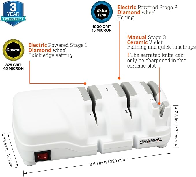 SHARPAL 198H Electric Knife Sharpener - 3 Stage Professional Knife Sharpening System with Diamond Wheels, Suit for Double-Beveled Straight Edge & Serrated Knives, Premium Fathers Day Gift