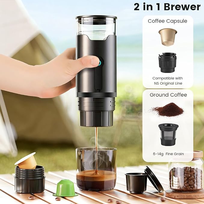 Portable Espresso Machine, Travel Coffee Maker with 2000mAh Battery USB-C Charging, 3-in-1 Electric Espresso Brewer for Ground Coffee & Capsule, for Camping Hiking Car Office
