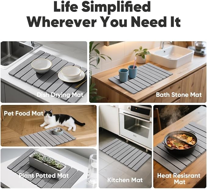 Stone Drying Mat for Kitchen Counter, Quick Diatomaceous Earth Mats for Dishes, 23.6"L x 15.7" W Super Absorbent Fast-Drying Collapsible Countertop Stone Mat (Light Grey, 24" x 16")