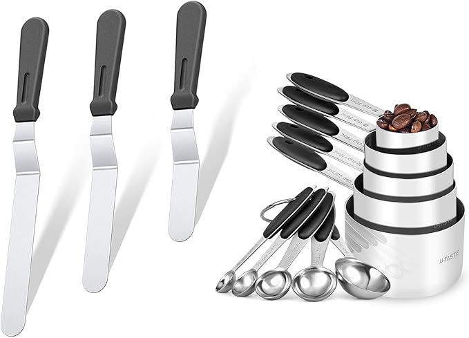 U-Taste 18/0 Stainless Steel Icing Spatula with PP Plastic Handle, and Upgraded Measuring Cups and Spoons Set of 10 with Reinforced Welded Handle (Black)