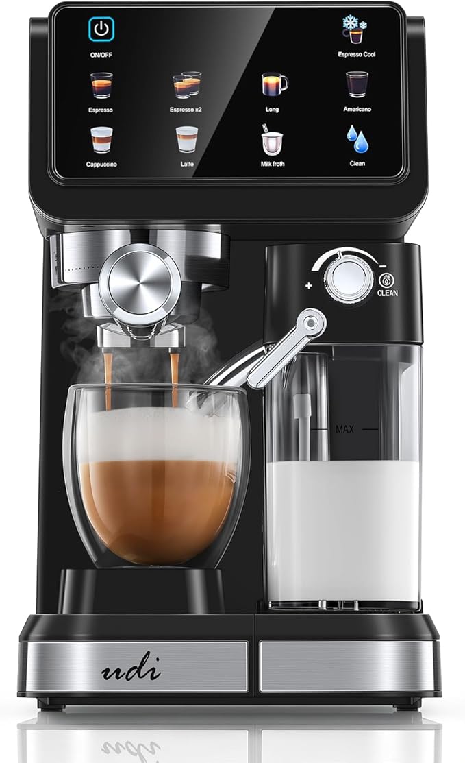 UDI 20 Bar Espresso Machine, 9-in-1 Coffee Maker with Automatic Milk Frother & Detachable Milk Tank, One-Touch Cappuccino Latte Macchiato Americano Iced Espresso, Self-Cleaning Function for Home Use