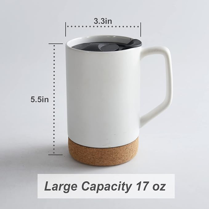 Ceramic Coffee Mug Set of 2, 17 OZ Large Coffee Mug with Removeable Cork Bottom and Splash Proof Lid, Large Handle Coffee Mugs for Men and Women, Great for Coffee, Tea, Hot Chocolate(Matte White) | Large Mug with Removeable Cork Bottom and Splash Proof...