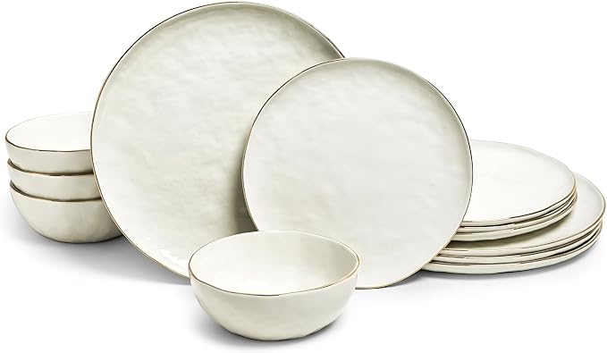 Sango 12-Piece Lightweight Porcelain Dinnerware Set for 4, Glossy Vanilla White Plates and Bowls Sets, Gold Rims, Farmhouse Ceramic Dish Set, Rustic Dishes, Microwave and Dishwasher Safe, Gansevoort