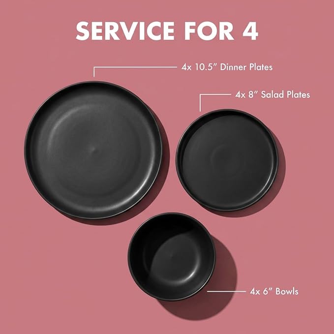Dinnerware Sets, Stoneware Dinnerware Sets, Plates and Bowls Sets, Dishes, 12-Piece Service for 4, Matte Black