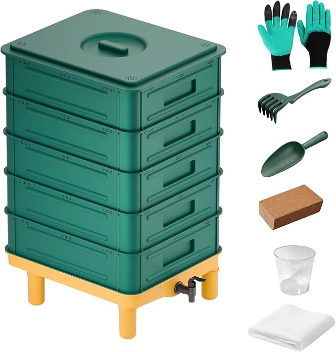 5-Layer Worm Compost Bin, 85L Worm Composter for Indoor & Outdoor, Starter Kits for Vermicomposting Starter, Garden Worm Composting Bin for Recycling Food Waste (Green)