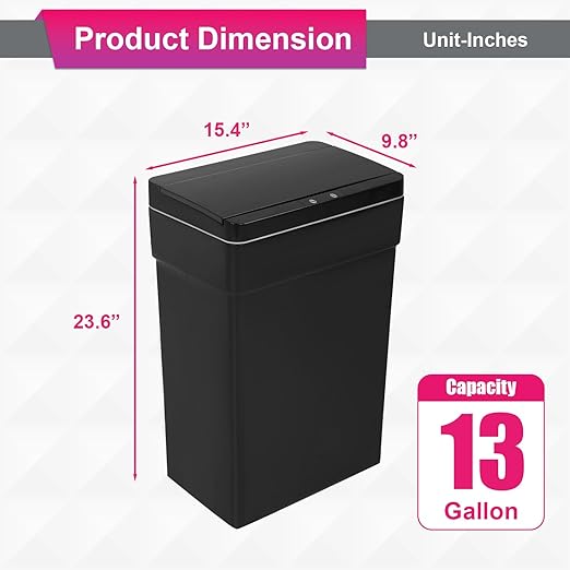PayLessHere 13 Gallon 50 L Trash Can with Lid Plastic Kitchen Trash Bin Automatic Touch Free Motion Sensor Trash Can (1, Black)