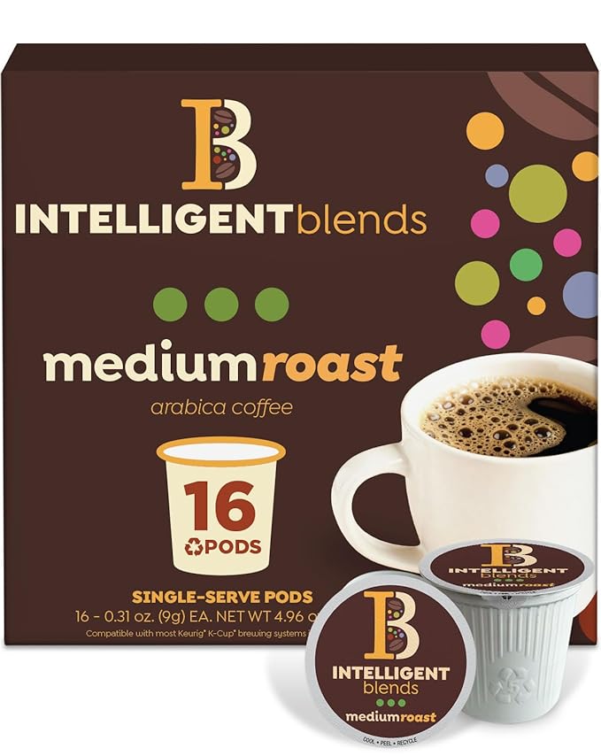 Intelligent Blends Medium Dark Roast Coffee Pods, 16 ct, Single Serve Pods – 100% Arabica Coffee, Compatible with Keurig K Cups Maker