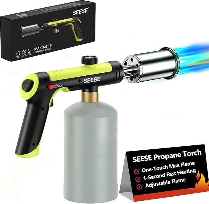 Powerful Propane Torch Gun,Kitchen Cooking Torch With One-Touch Max Fire, Charcoal Lighter with a Safety Lock, Adjustable Blow Torch for Sous Vide, BBQ, Campfire, Fireplace(Tank Not Included)