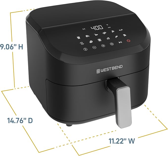 West Bend Digital Air Fryer 4.5 Qt Compact with 12 Presets, Adjustable Temperature for Quick Crispy Meals, Nonstick Easy Clean Basket and Shake Reminder, 1500W, in Black/Silver