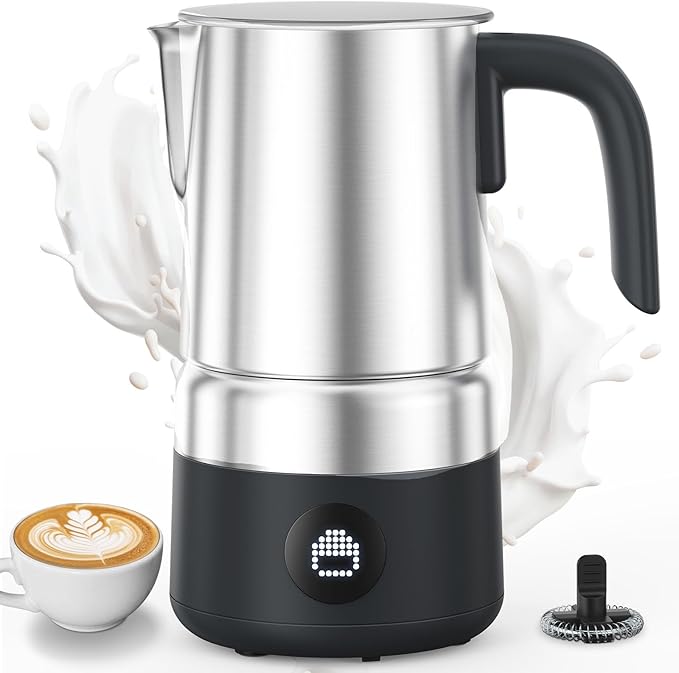 Milk Frother and Steamer [Upgraded], AMZCHEF All-in-1 Detachable Frother for Coffee 600W, Automatic Warm and Cold Foam Maker, Stainless Steel Jug, Dishwasher Safe, LED Display
