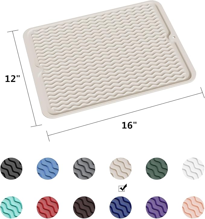 ZLR Silicone Dish Drying Mat & Heat Resistant Trivet (12" x 16") - Waterproof Counter Protector for Air Fryer, Coffee Maker - Non-Slip, BPA Free Kitchen Pad, Easy Clean Dishwasher Safe (Cassava White)