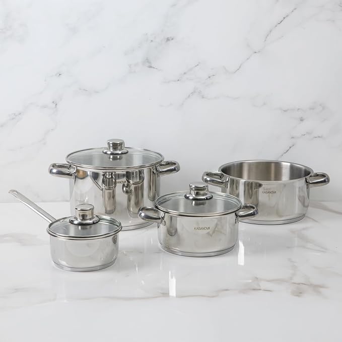 KASANOVA Grand Family 9Pcs Cookware set, Stainless steel pots, Nonstick aluminum frying pans, PFOA-free, Induction safe, Oven-safe up to 356°F