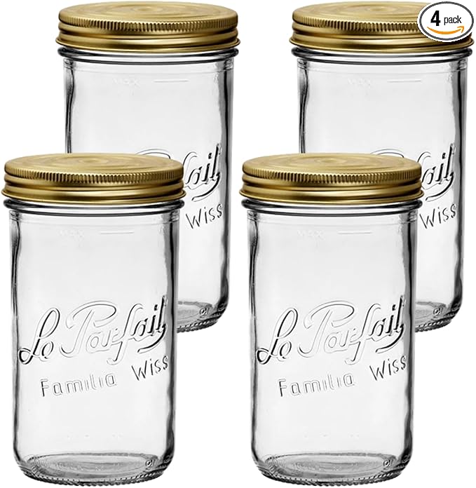 Le Parfait Familia Wiss 32oz (1L) Wide Mouth Glass Canning Jars – 4PK Made in France, Airtight 2-Piece Lid, Reusable Zero Waste & Eco-Friendly for Kitchen Storage, Meal Prep, Fermentation & Baking
