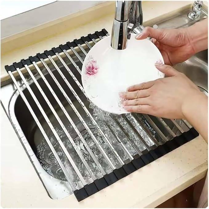 Roll Up Over The Sink Dish Drying Rack Kitchen Rolling Dish Drainer, 12.6-23.6" Foldable Sink Rack Mat Stainless Steel Wire Drainer for Kitchen Counter Storage(L 44cm/17.3in)