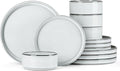 Onader Stoneware Dinnerware Sets, 12 Piece Plates and Bowls Dish Sets for 4, Ceramic Dishware Dining Ware with Rustic Terracotta Bottom - Glacier White