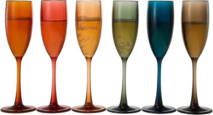 European Style Plastic Acrylic, Champagne Flutes Glasses | Set of 6 | Colored Reusable Toasting Cups 100% Tritan Drinkware, 5 oz Dishwasher Safe BPA-free plastic, Perfect Poolside & Outdoors,