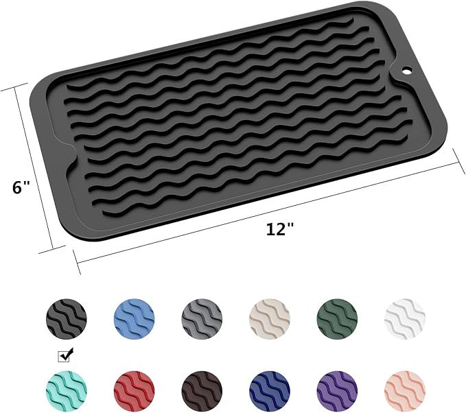 ZLR Silicone Sponge Holder & Sink Caddy Tray (6" x 12") - Narrow Dish Drying Mat for Kitchen Counter - Waterproof Soap Dispenser Organizer, Non-Slip Bathroom Vanity Tray (Black)