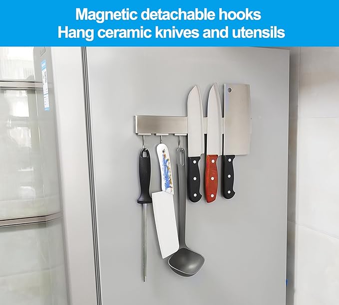 YIIYIIN 16 Inch Magnetic Knife Holder for Fridge with Magnetic Hooks -Double Sided Refrigerator Magnetic Knife Strip - 304 Stainless Steel Kitchen Utensil Holder/Hanger/Rack/Bar