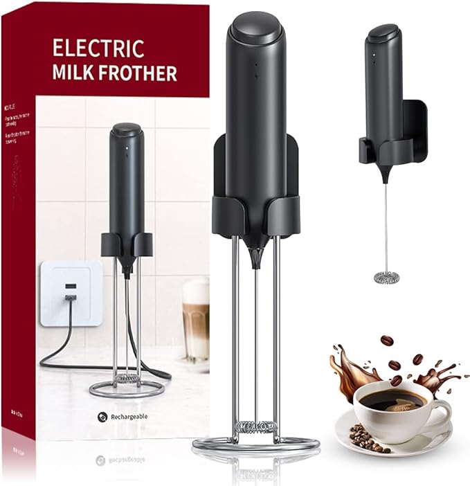 Rechargeable Milk Frother Handheld for Coffee, Stirrers Electric Whisk with Wall Mounted Stand, Drink Mixer Hand Frother Wand for Coffee, Matcha, Frappe, Hot Chocolate and Lattes(Black)