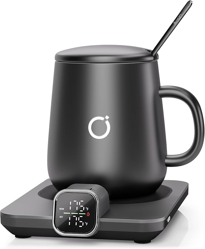 Coffee Mug Warmer & iKago Mug Set, Accurate Temperature Control Smart Heated Mug for Desk, Electric Coffee Warmer with Auto Shut Off & Real-Time Temp Display, Gifts for Men Women, 15oz Ceramic Mug