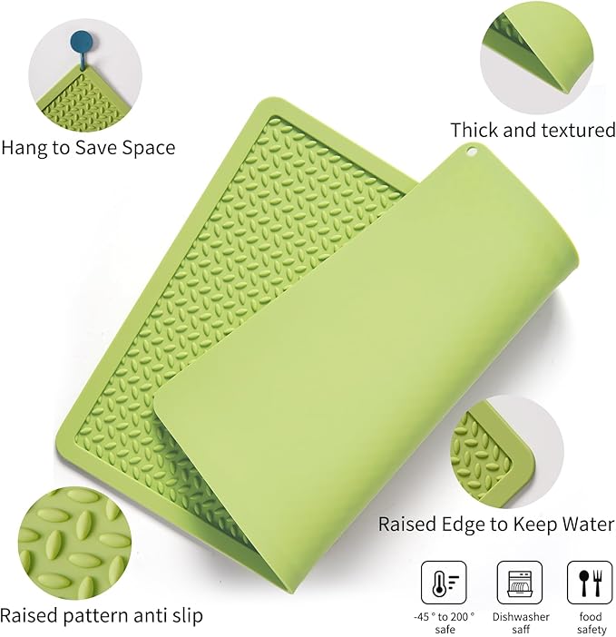Silicone Drying Mat & Heat Resistant Mat for Kitchen Counter, Non-Slip Dishwasher Safe, Raised Edge for Dishes Bottles Sink (15.35x11.61in, Green)