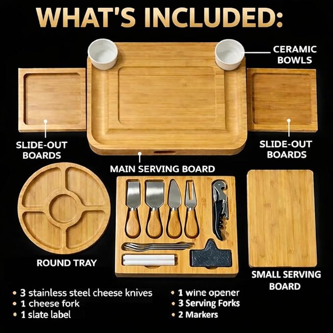 Extra Large Premium Bamboo Charcuterie Cheese Board Complete Set with Knives, Forks, Bowls, Wine Opener. Holiday, Bridal, Shower, House Warming, Valentines Day