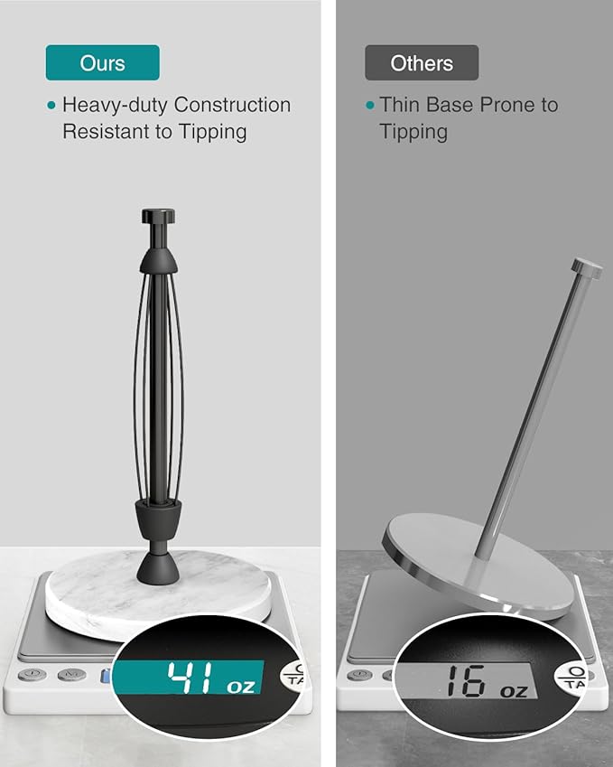 Paper Towel Holder Countertop, Marble Weighted Base, Glossy Black, One-Handed Tear, Freestanding Paper Towel Stand Rack with Ratchet Mechanism for Kitchen Toilet Bathroom Essentials Decor Accessories
