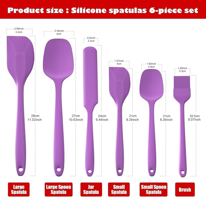 Spatulas Set of 6, Food Grade Silicone Spatulas Rubber Heat Resistant, Stainless Steel Core, Kitchen Utensils Nonstick for for Cooking, Baking and Mixing(purple)