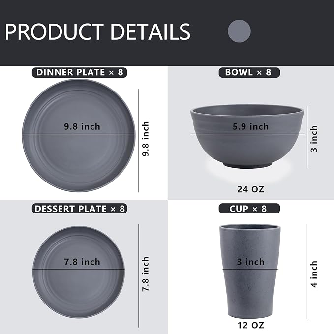 Supernal 32pcs Wheat Straw Dinnerware Sets,Unbreakable Dinnerware Sets for 8,Reusable Tableware,Dishes Set for 8,Plates and Bowls Set Dark Grey Include16pcs Plates, 8pcs Bowls, 8pcs Cups