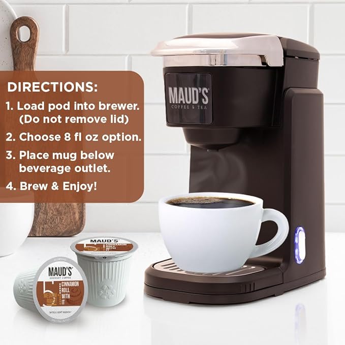 Maud's Cinnamon Roll Flavored Coffee Pods, 18 ct, Medium Roast Flavored Coffee in Single Serve Pods – 100% Arabica Beans, Compatible with Keurig K Cups Maker