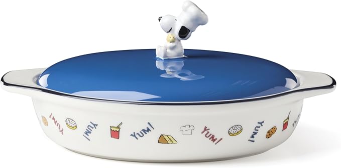 Lenox Home And Kitchen, Chef Snoopy Covered Casserole Dish, Stoneware Material, Dishwasher Safe, Kitchen, Baking Dish For Oven, Oven Safe Upto 350 Degrees, Snoopy Design (Blue And White, 1 Piece)
