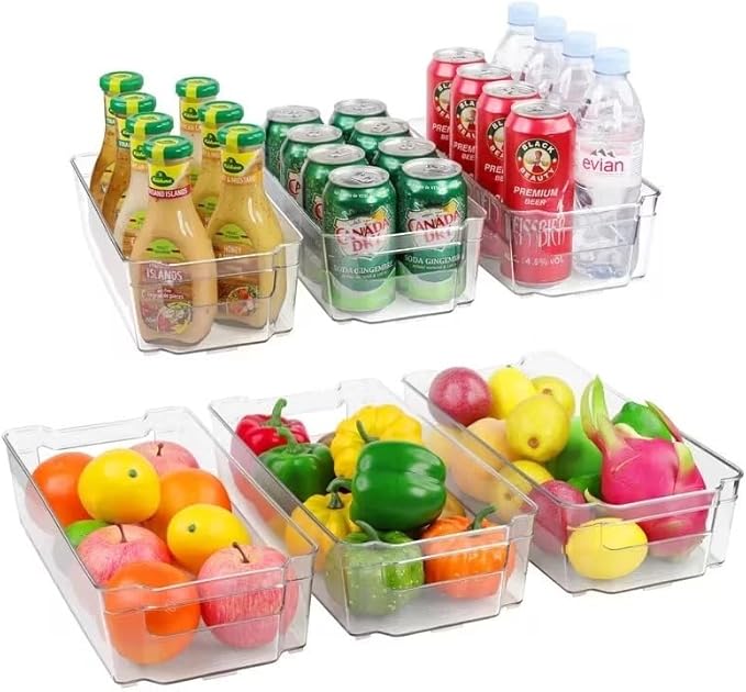6-Piece Clear Plastic Storage Bin Set with Handles - Large (14.5"x7"x3.5") & Medium (12.4"x6.2"x3.5") Stackable Organizers, BPA-Free for Kitchen Pantry Fridge