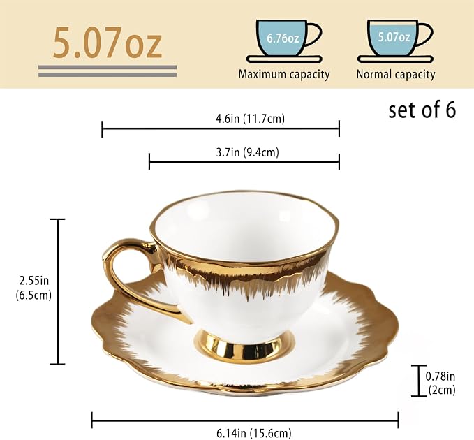 Coffee Mugs Set, 5.0 oz Ceramic Tea Cup with saucer, Espresso Cups 6-piece Rose Tea Cups and Saucers, Stackable Cups, for Latte, Cappuccino, Mocha, Cocoa (Golden)