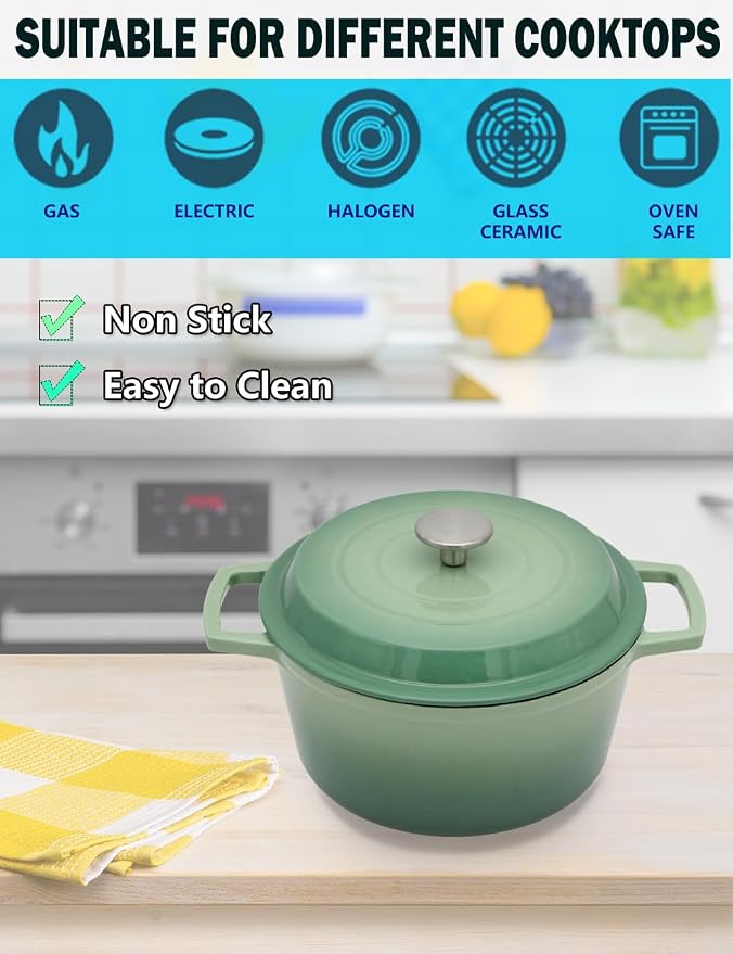 NNWsystems 4.2 Quart Cast Iron Dutch Oven with Lid - Enameled Non-Stick Interior, Oven Safe to 500°F, Multi-Stovetop Compatible - Pine Green
