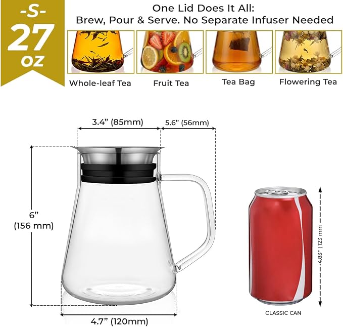 Aquach 27oz Glass Teapot with Filter Lid, Personal Stovetop Tea Pot | Dishwasher Safe, Borosilicate Glass, Plastic-free, Personal 1-2 Cup Use, 6in Height Fridge Safe, One-step Filter Lid