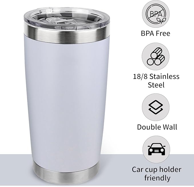 20oz Stainless Steel Tumbler Bulk with Lid, Travel Mug - Double Wall Vacuum Powder Coated Cup - White, 12 Pack