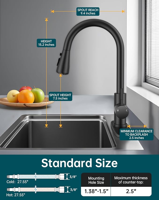 Hiqufet Kitchen Sink Faucet with Pull Down Sprayer with Deck Plate, 1 or 3 Holes High Arc Faucet, Stainless Steel Modern Bar Sink Faucets for Pot Filler, Farmhouse Laundry, RV Bathroom (Black)