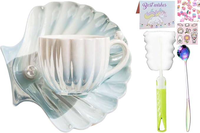 Pearl Shell Ceramic Coffee Mug with Coaster Set for Tea Latte Milk Cute Cup with Saucer for Home Office Women Gift 6.5 oz (Shell Gradient Blue, 240 ml)