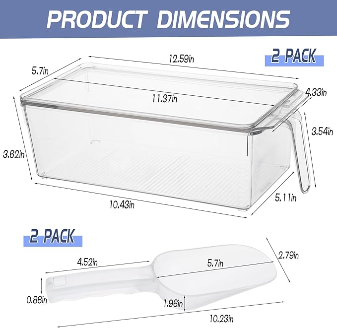 2 Set Ice Storage Bins for Freezer with Lid and Flexible Scoop, Transparent Plastic Ice Container with Pull-Out Handle Kitchen Food Storage Organizer for Home Office Fridge Kitchen
