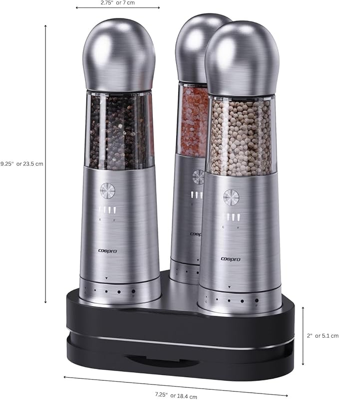 ICE ARMOR Electric Salt and Pepper Grinder, Set of 3 with Wireless Charging Base, Stainless Steel, Rechargeable Automatic Pepper Mill, Adjustable Coarseness, Easy to Use & Clean, Perfect Kitchen Gift
