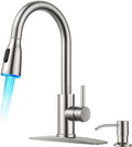 FORIOUS LED Kitchen Faucet with Soap Dispenser and Pull Down Sprayer, Brushed Nickel High Arc Single Handle 3 Modes Stainless Steel Bar Faucet for Kitchen Sink Wet Laundry Camper